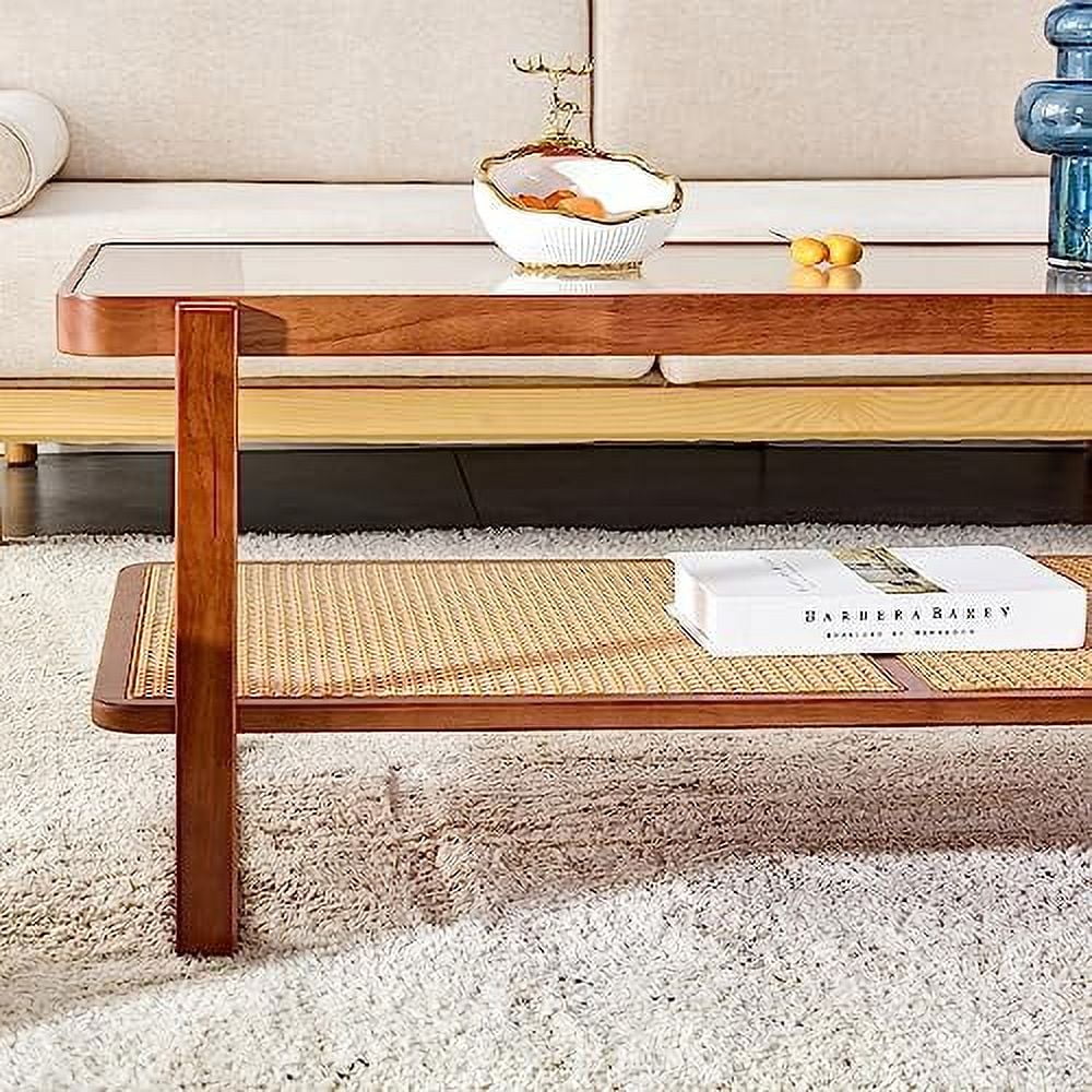 Modern Rattan Woven Glass Desktop Solid Wood Coffee Table Z370945