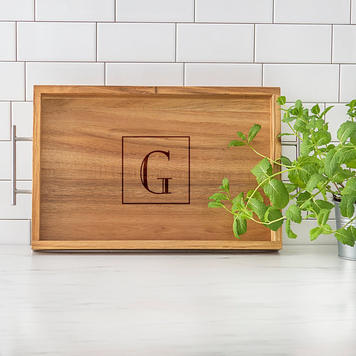 Acacia Tray with Metal Handles V8037
