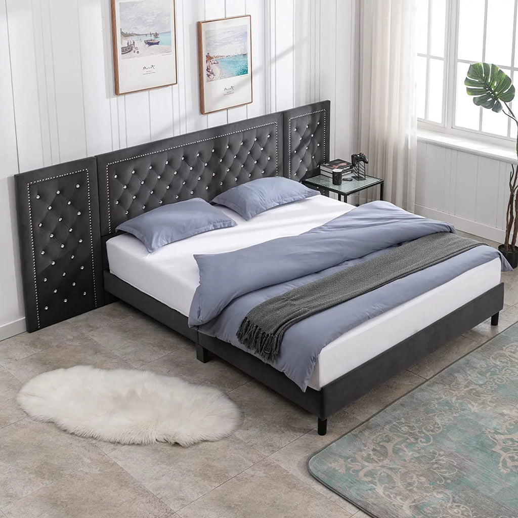 Dark Grey Velvet Upholstered Queen Size Bed Frame C55644