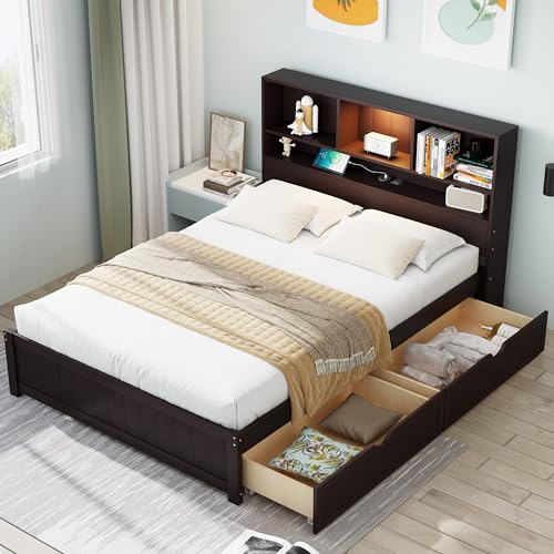 White Wood Twin Bed Frame with Bookcase Headboard and Storage Drawers D664396