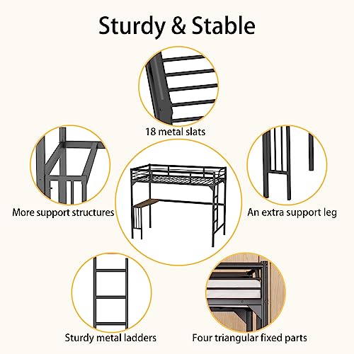 Black Metal Loft Bed Twin Size with Desk and Ladder O190