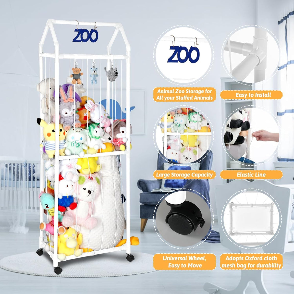 White Stuffed Animal Storage Zoo with Elastic Band and Net G87205