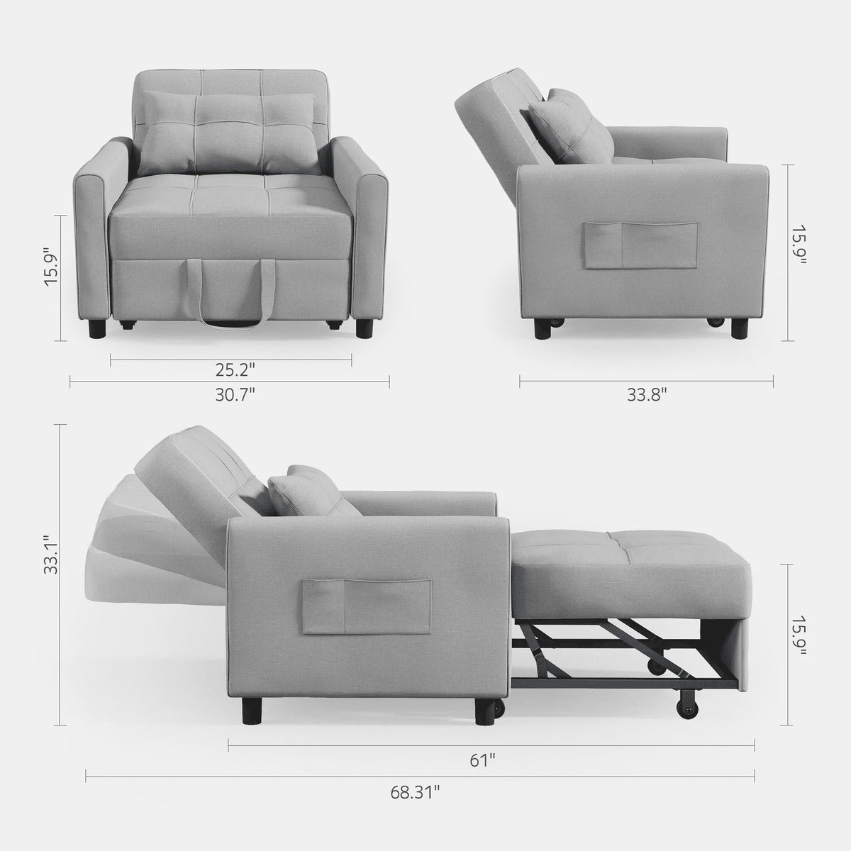 Light Gray 3 in 1 Convertible Sleeper Sofa E411855