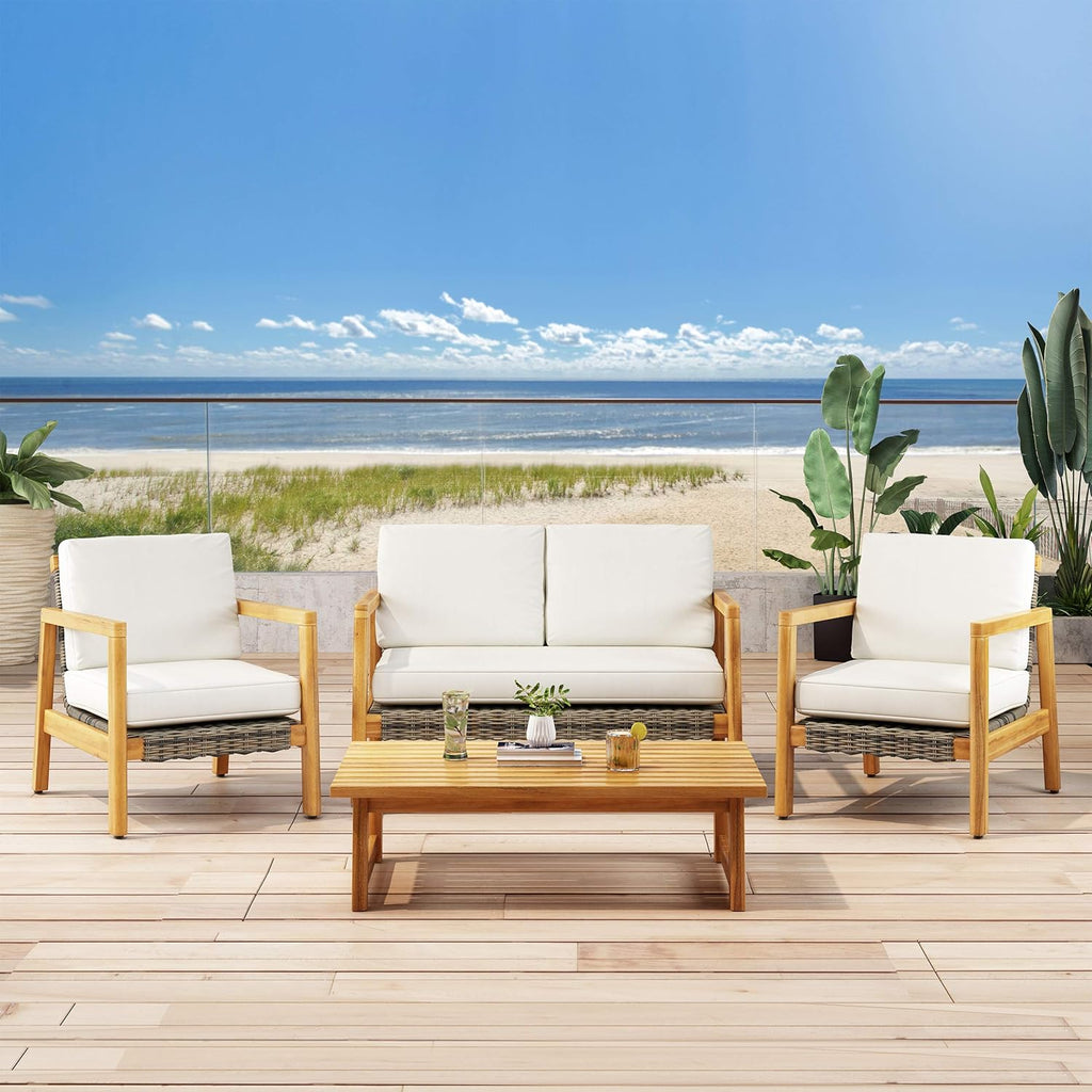Outdoor 4 Seater Acacia Wood Chat Set with Wicker Accents D6774