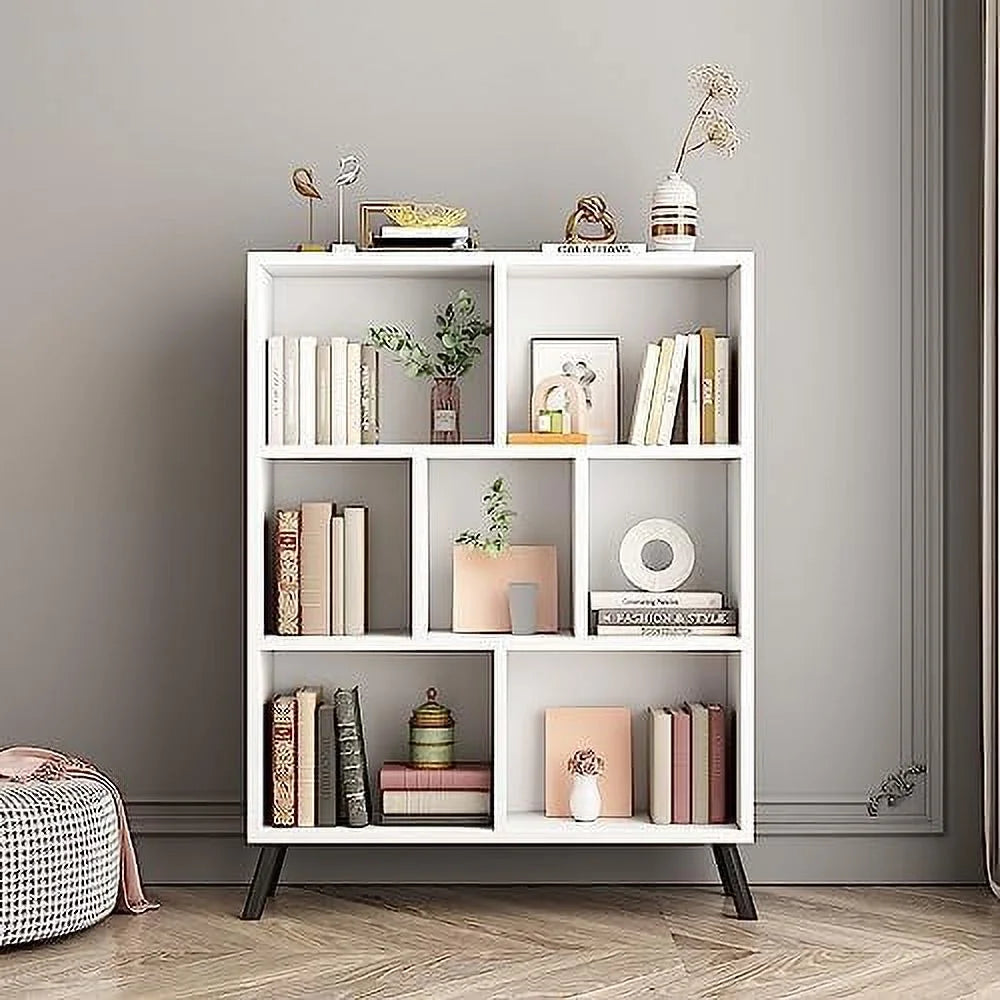 White 7 Cube 3 Tier Wood Bookshelf Y28862