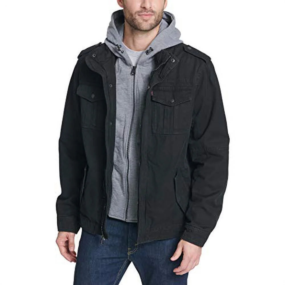 Black Washed Cotton Military Jacket with Removable Hood Q703