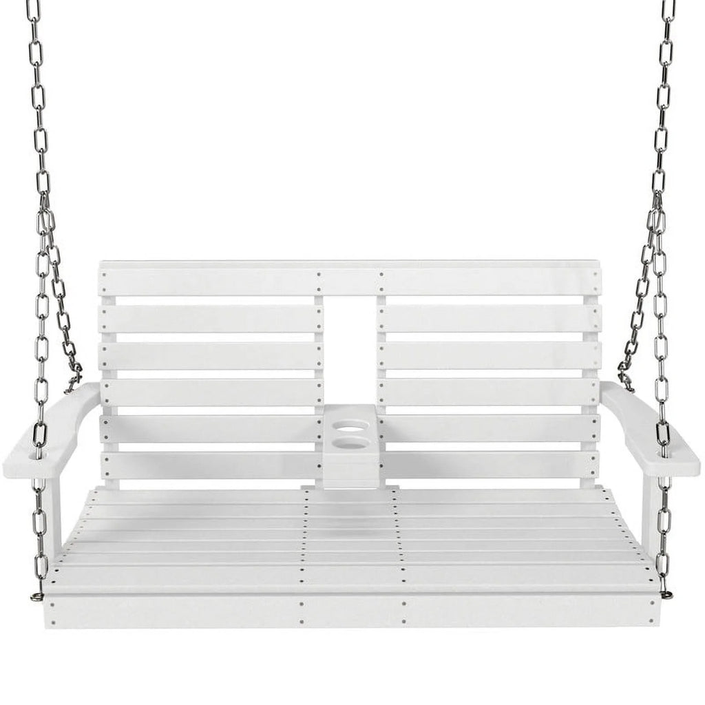White 3 Person Plastic Hanging Porch Swing Bench Chair with Cup Holder C853227