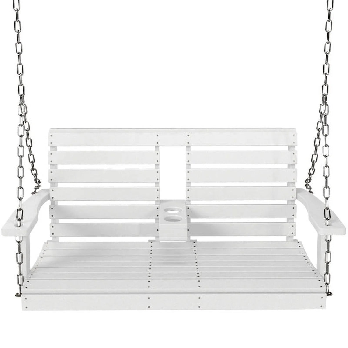 White 3 Person Plastic Hanging Porch Swing Bench Chair with Cup Holder C853227