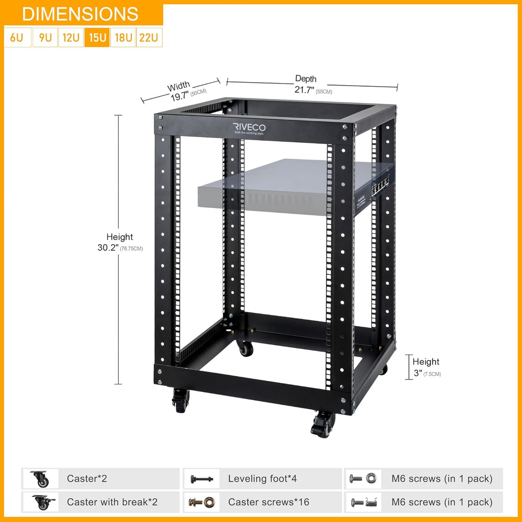 9U Open Frame Server Rack with Casters Black A8029