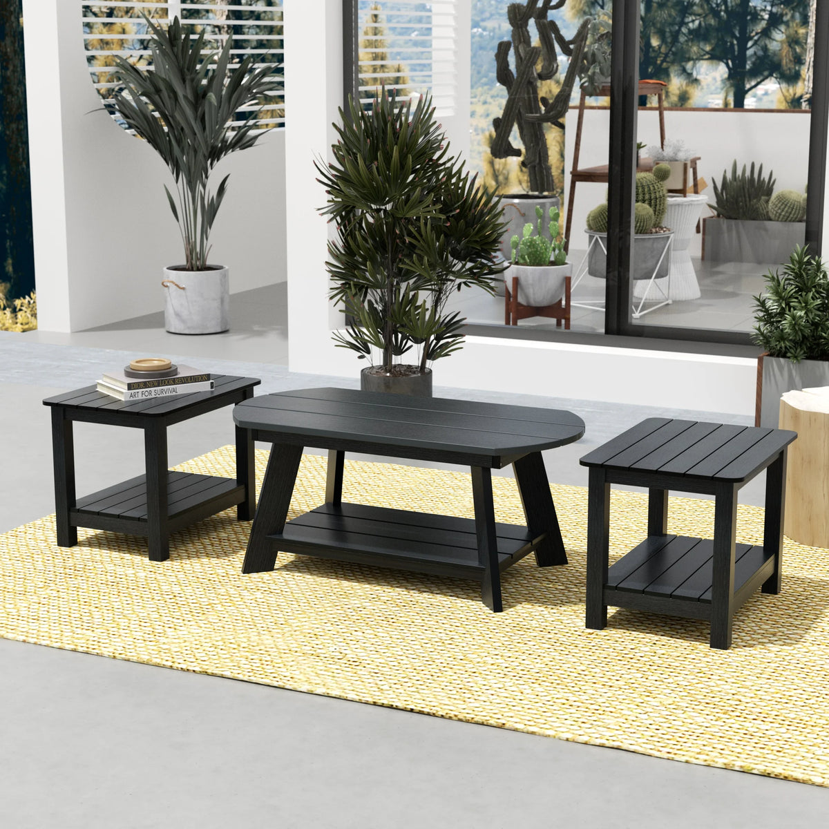 Black 3-Piece Outdoor Coffee Table and Side Table Set A657