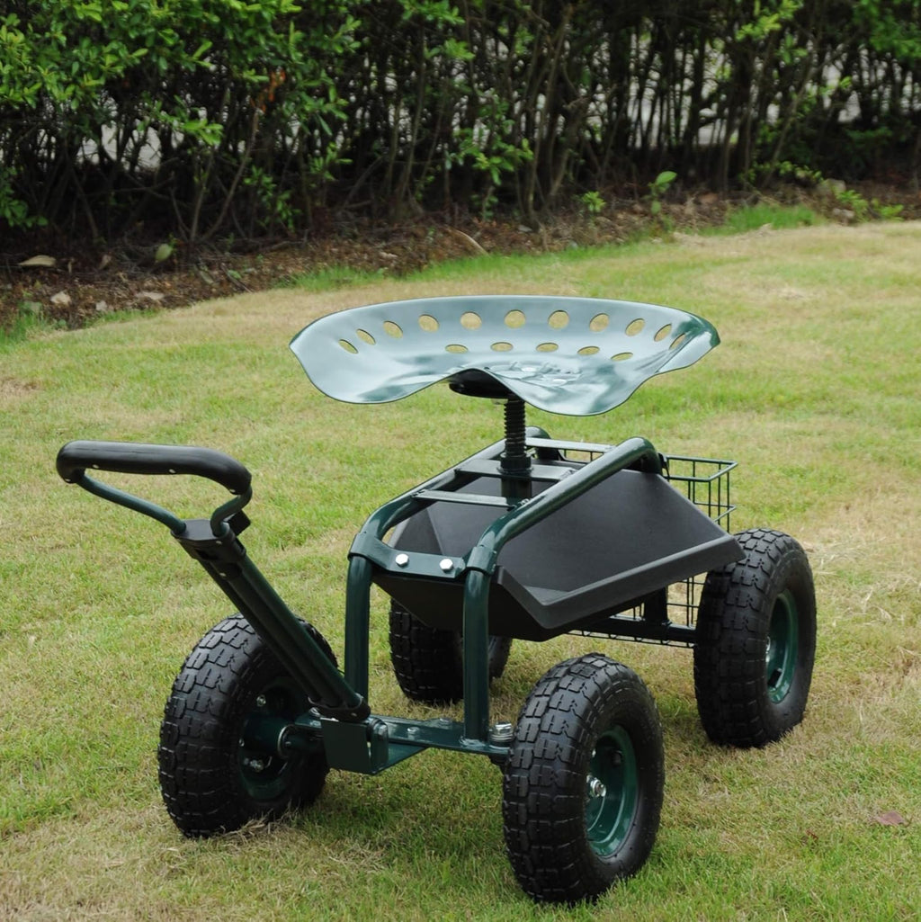 Green Steerable Garden Stool Cart with Tool Tray and Storage Basket on Wheels V455