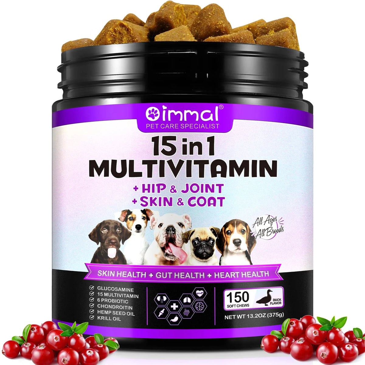 15-in-1 Dog Multivitamin Chews with Glucosamine and Probiotics, 150pcs O2395