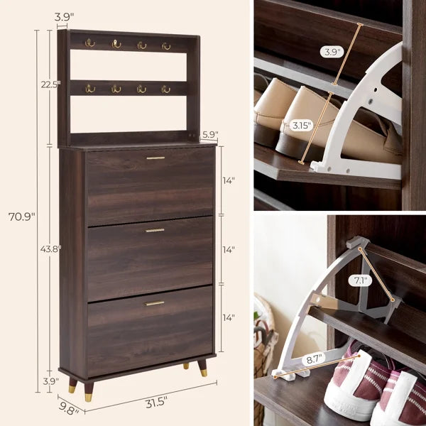 Brown Entryway Armoire Closet with 12 Hooks & 3 Shoe Cabinets U42820