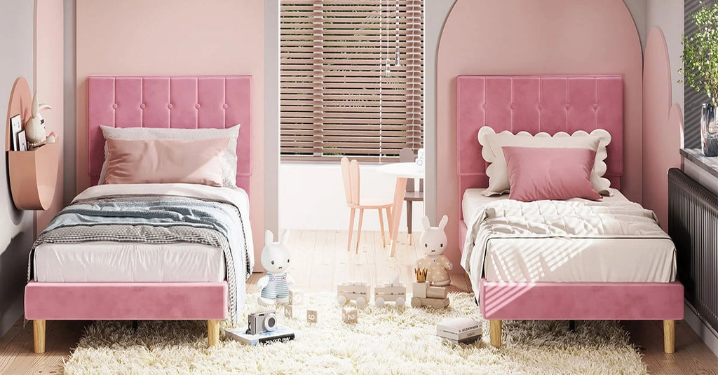Twin Bed Frame with Upholstered Headboard, Pink P271