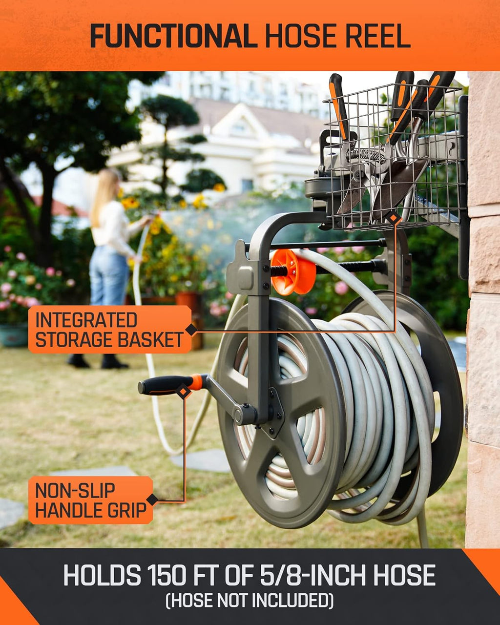 Wall Mounted Metal Hose Reel with Detachable Basket I780585