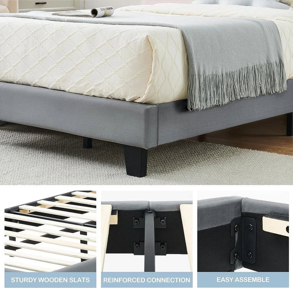 Twin Size Velvet Upholstered Platform Bed Frame with Headboard R12244