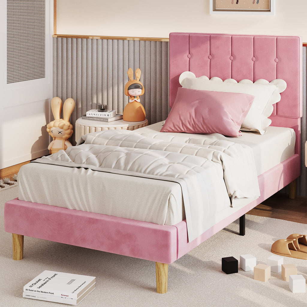 Twin Bed Frame with Upholstered Headboard, Pink P271