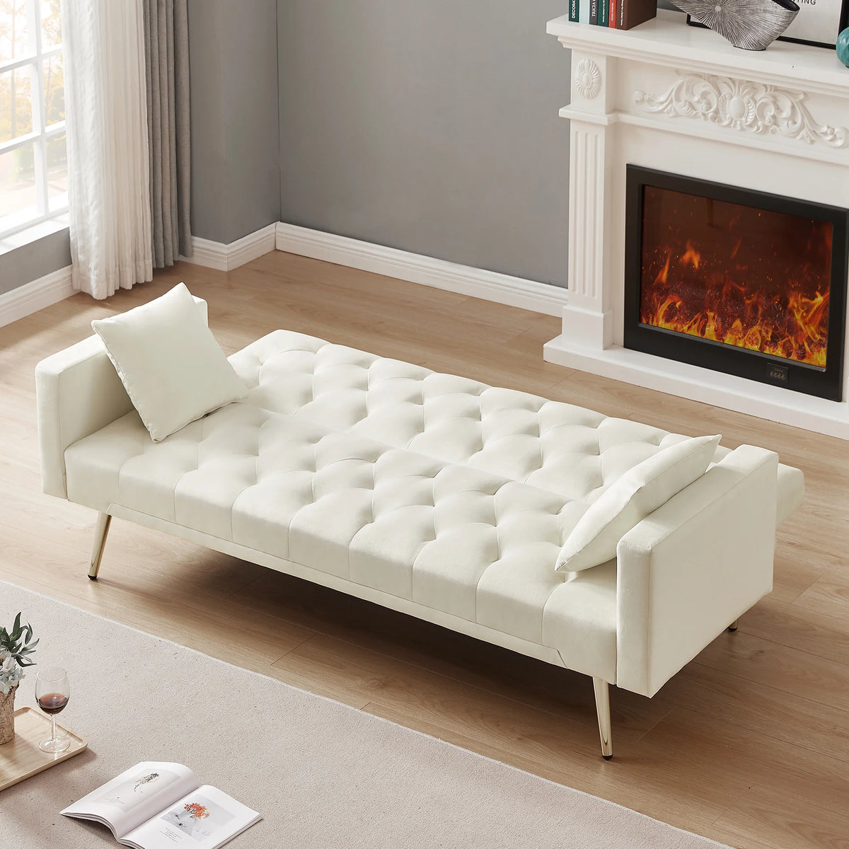 Cream White Convertible Folding Futon Sofa Bed I64712