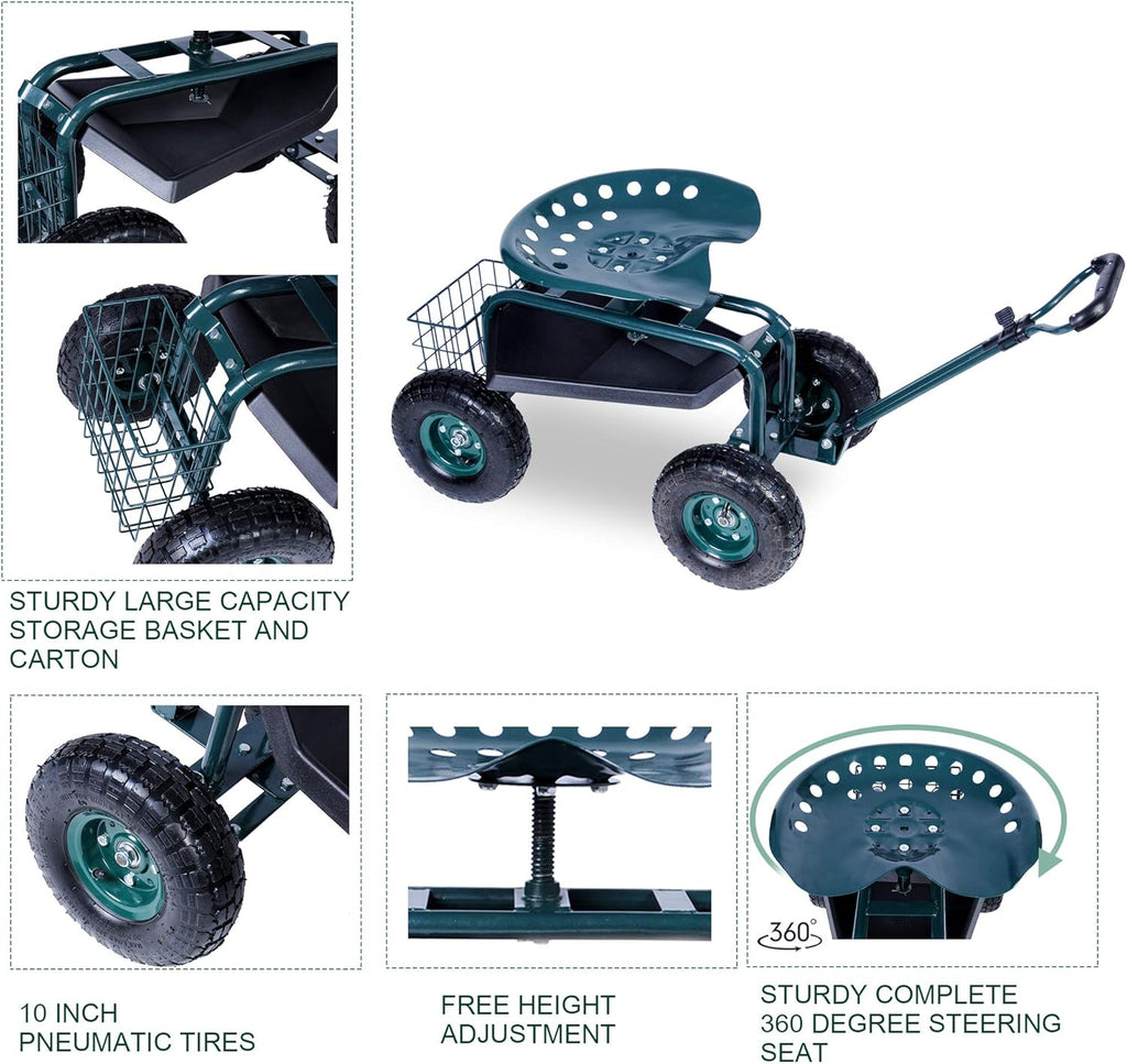 Green Steerable Garden Stool Cart with Tool Tray and Storage Basket on Wheels V455