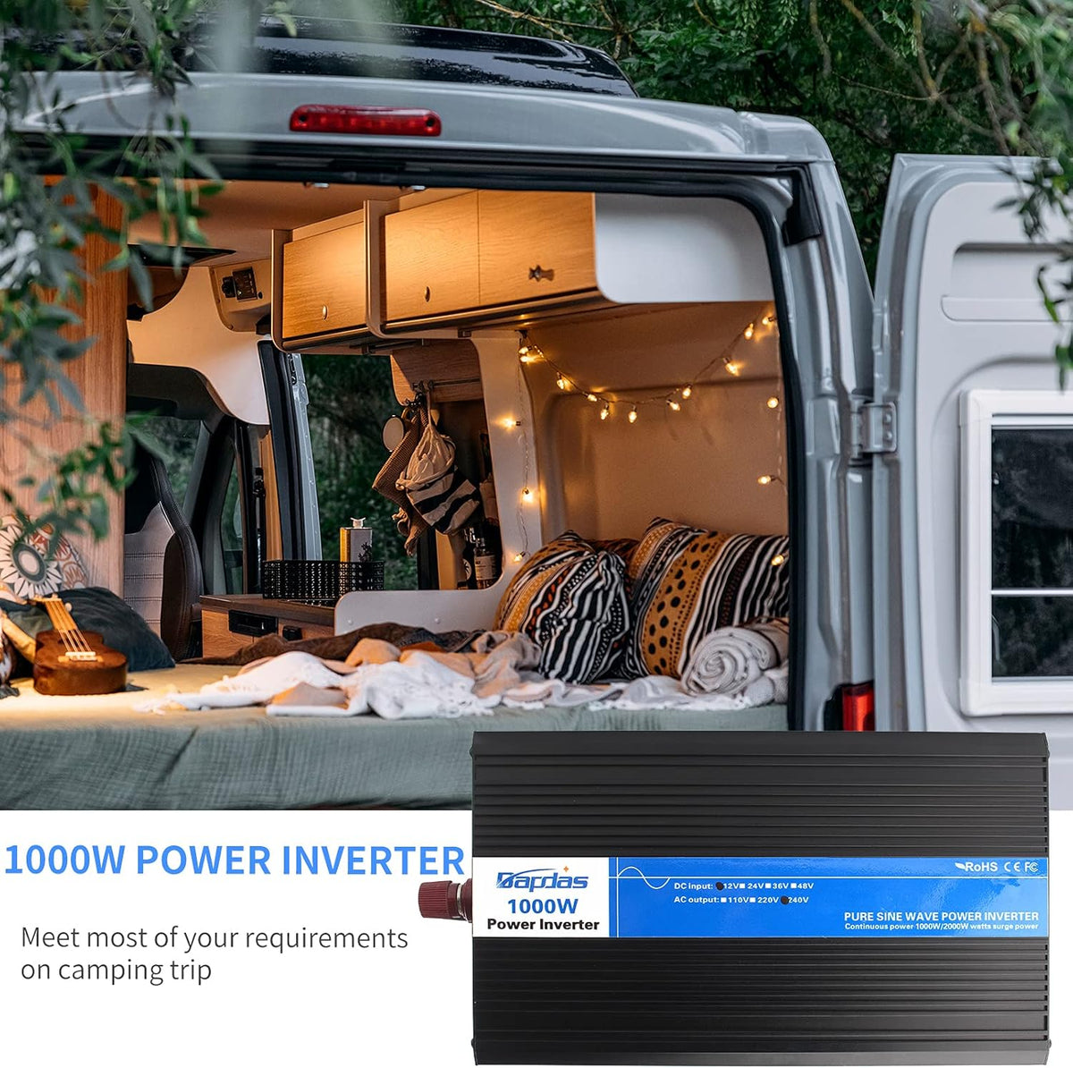 1000W Pure Sine Wave Power Inverter DC 12V to AC 110V with 4 AC Outlets and 1 USB Port T21906