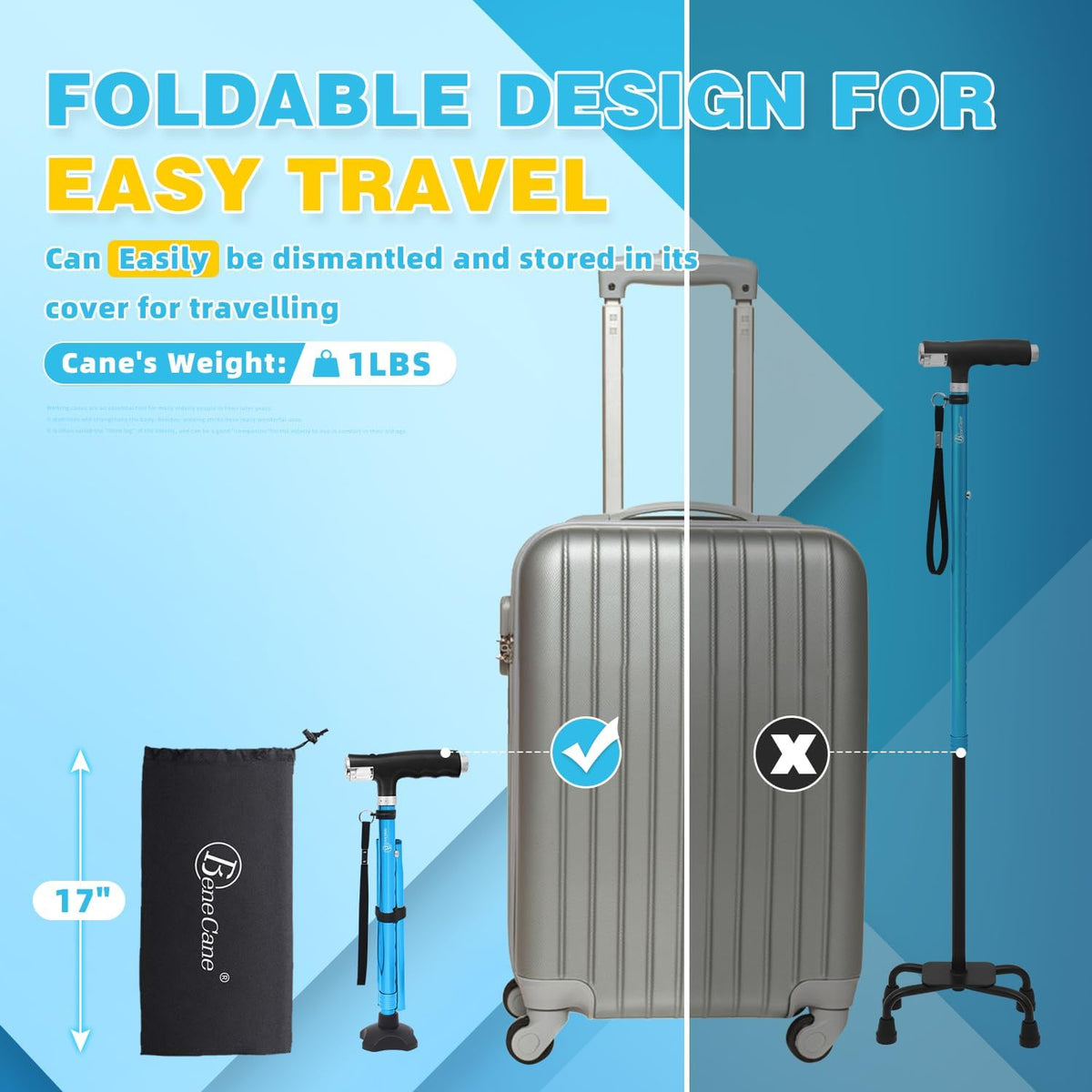 Folding Walking Cane with Two Led Lights Quad Cane T653726