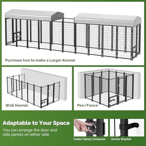 Outdoor Dog Kennel with Doggy Door, Swivel Feeder & Roof, 8x4x6 Large Heavy Duty Cage Enclosure P124058