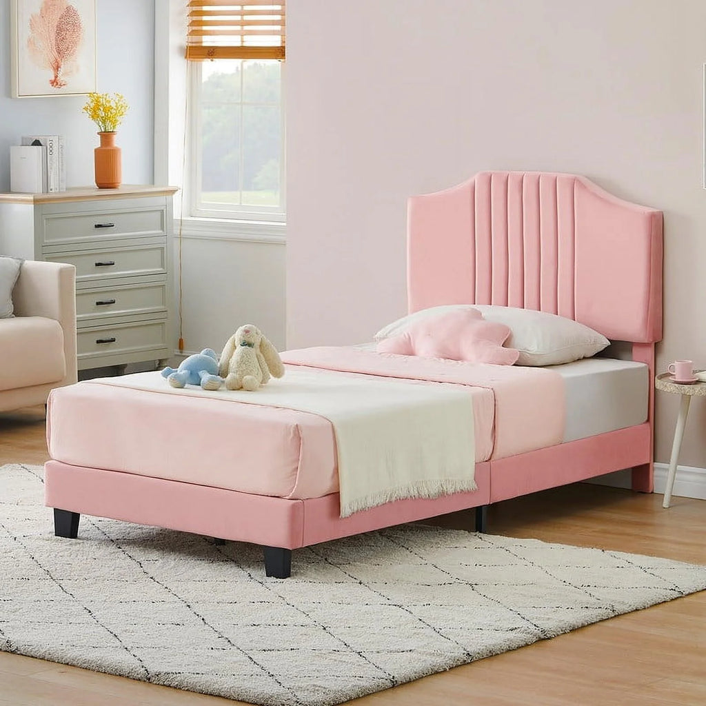 Twin Size Velvet Upholstered Platform Bed Frame with Headboard R12244
