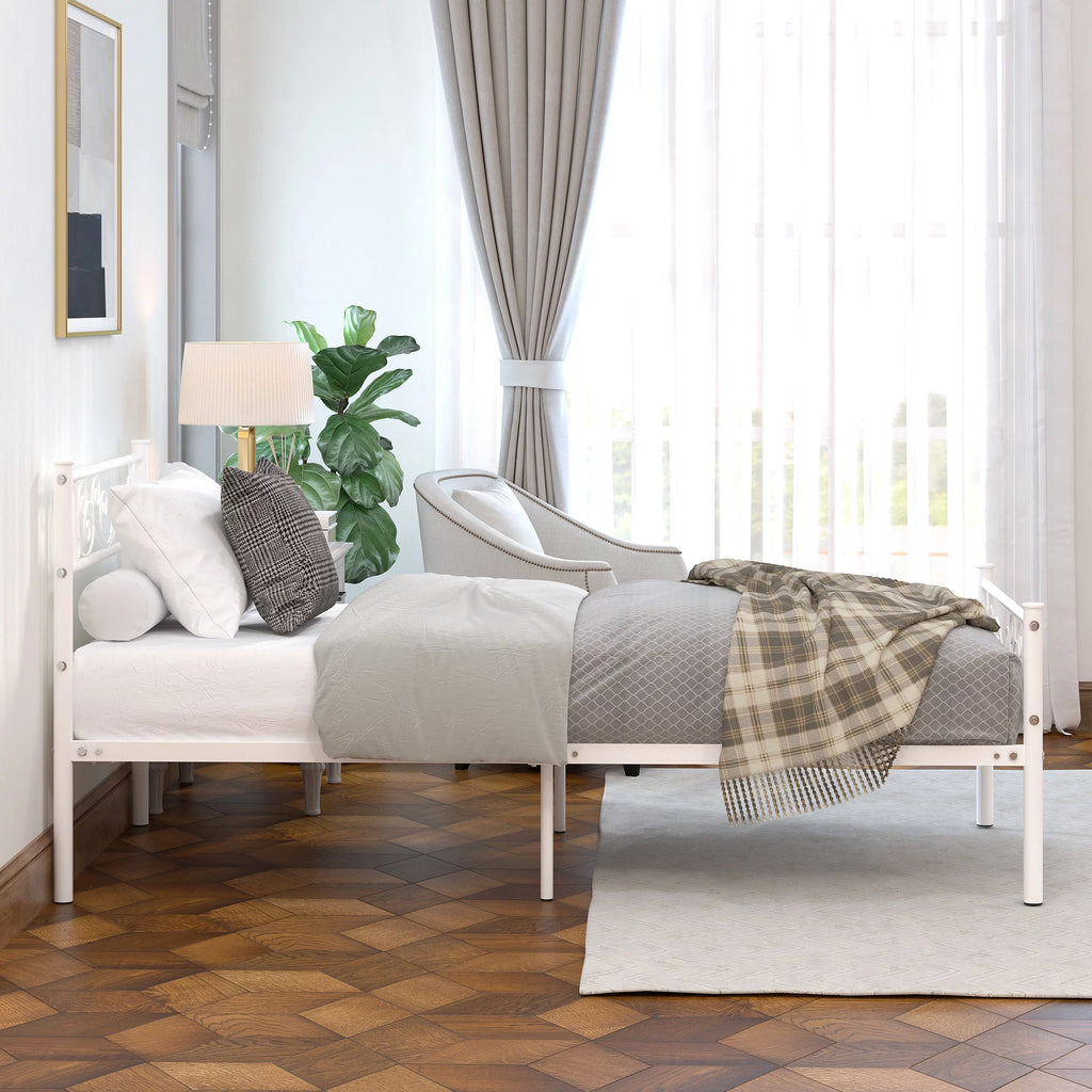 White Metal Twin Size Platform Bed Frame with Wave Headboard Y40340