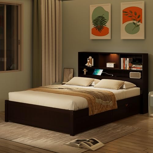 White Wood Twin Bed Frame with Bookcase Headboard and Storage Drawers D664396