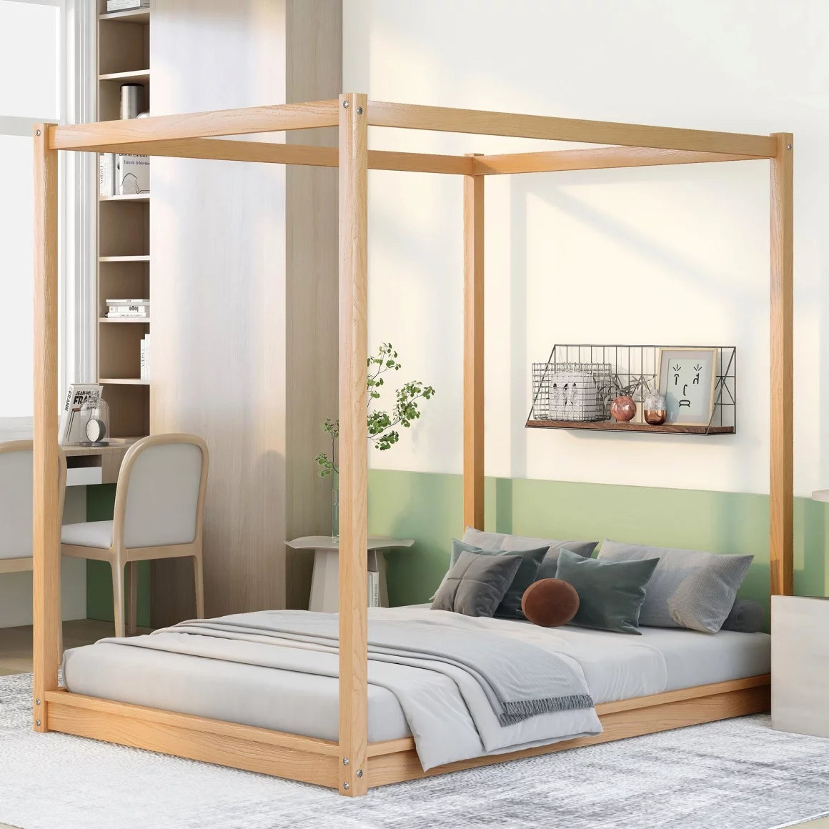 White Queen Size Wood Canopy Bed Frame with Headboard A257