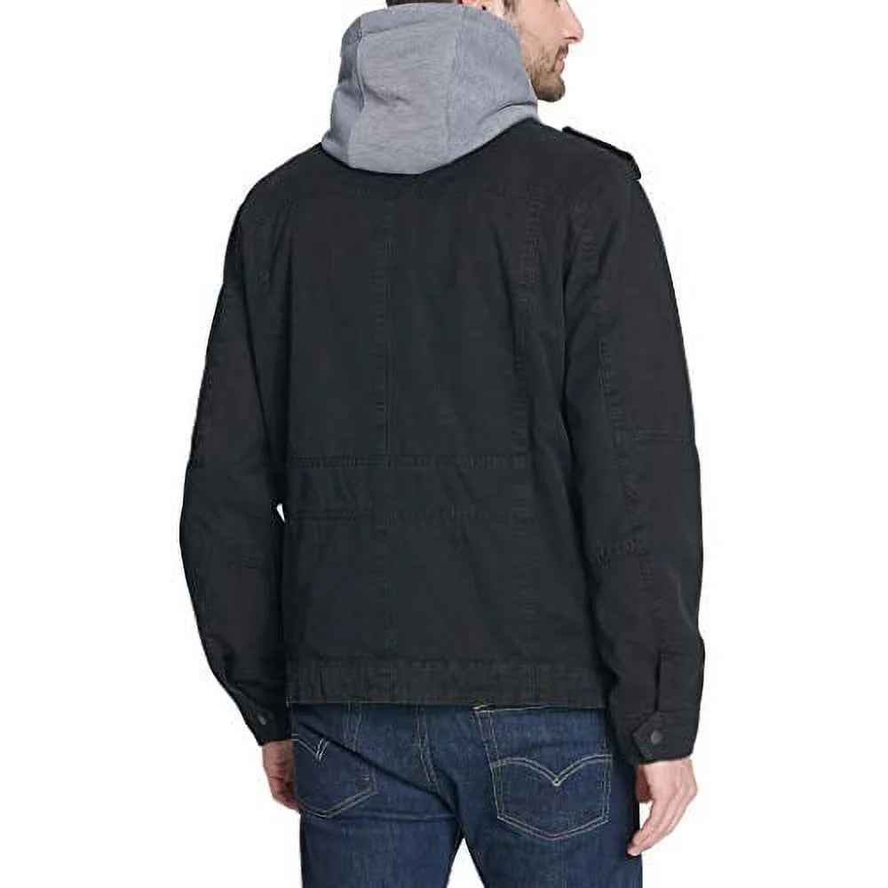Black Washed Cotton Military Jacket with Removable Hood Q703