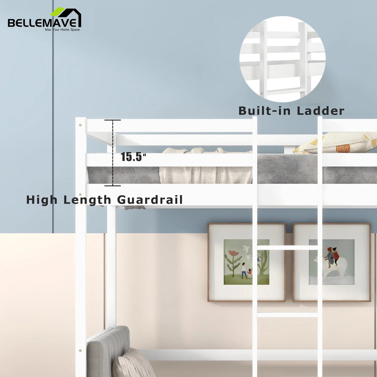 Twin Size Loft Bed with Desk, Seat and Two Storage Drawer, White T3883