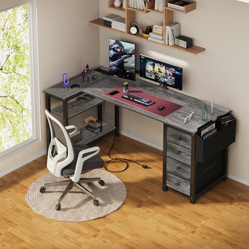 Black L Shaped Gaming Desk with Drawers & Storage Shelves, 47 Inch, Power Outlet T93844