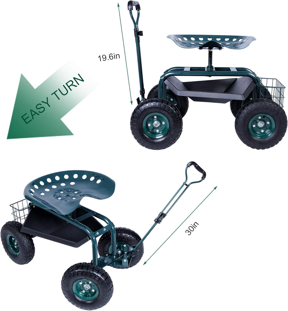 Green Steerable Garden Stool Cart with Tool Tray and Storage Basket on Wheels V455