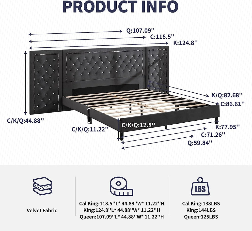 Dark Grey Velvet Upholstered Queen Size Bed Frame C55644