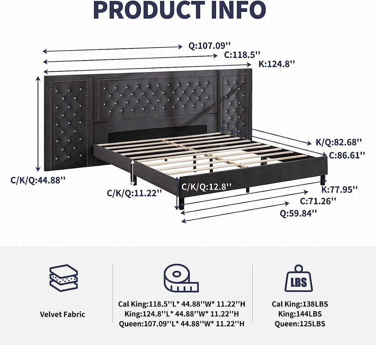 Dark Grey Velvet Upholstered Queen Size Bed Frame C55644