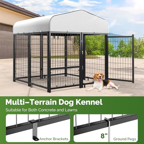 Outdoor Dog Kennel with Doggy Door, Swivel Feeder & Roof, 8x4x6 Large Heavy Duty Cage Enclosure P124058