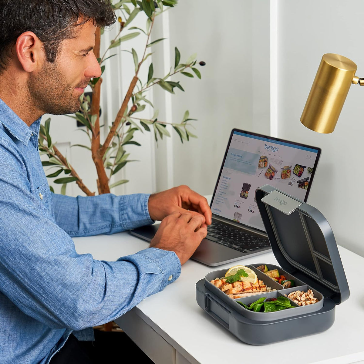 Dark Gray Bento-Style Lunch Box Set With Reusable Snack Cup W2463