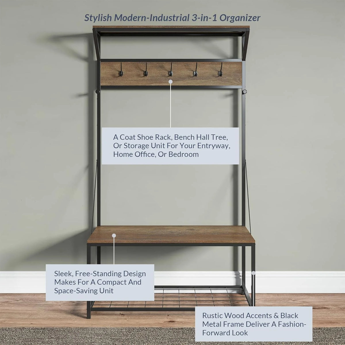 Industrial Entryway Storage Bench Shoe Rack with Black Metal Frame S322125