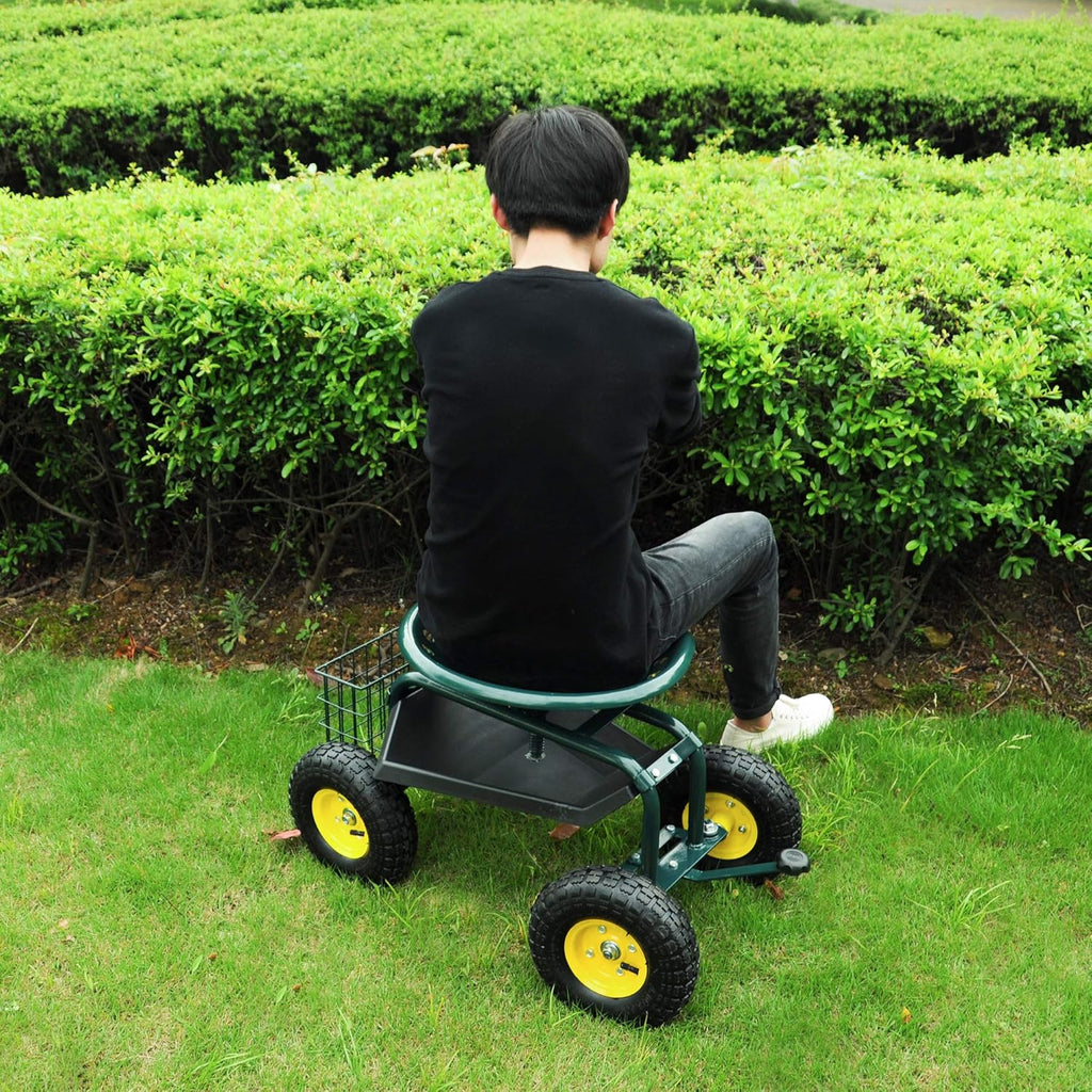 Green Steerable Garden Stool Cart with Tool Tray and Storage Basket on Wheels V455