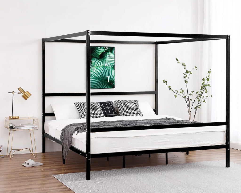 Black King Metal Canopy Bed Frame with Headboard P91597