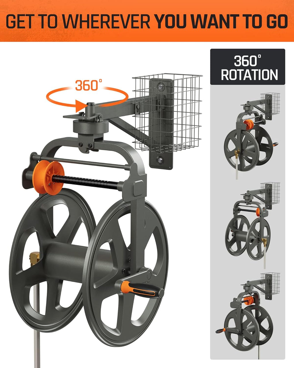 Wall Mounted Metal Hose Reel with Detachable Basket I780585