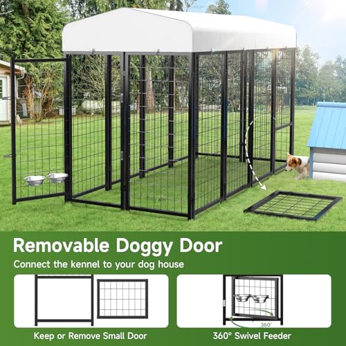 Outdoor Dog Kennel with Doggy Door, Swivel Feeder & Roof, 8x4x6 Large Heavy Duty Cage Enclosure P124058
