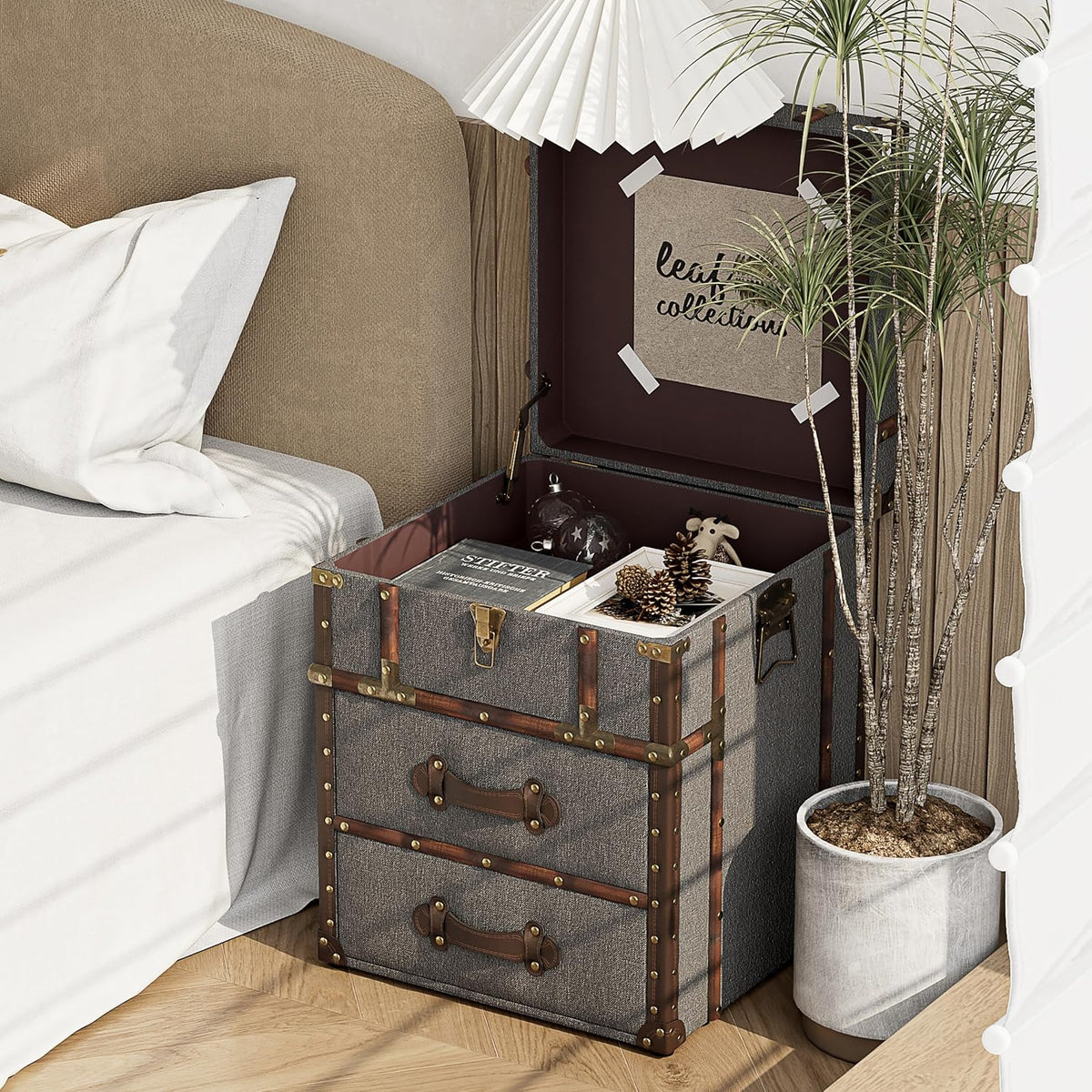 Grey Linen Storage Chest with Hinged Top F90395