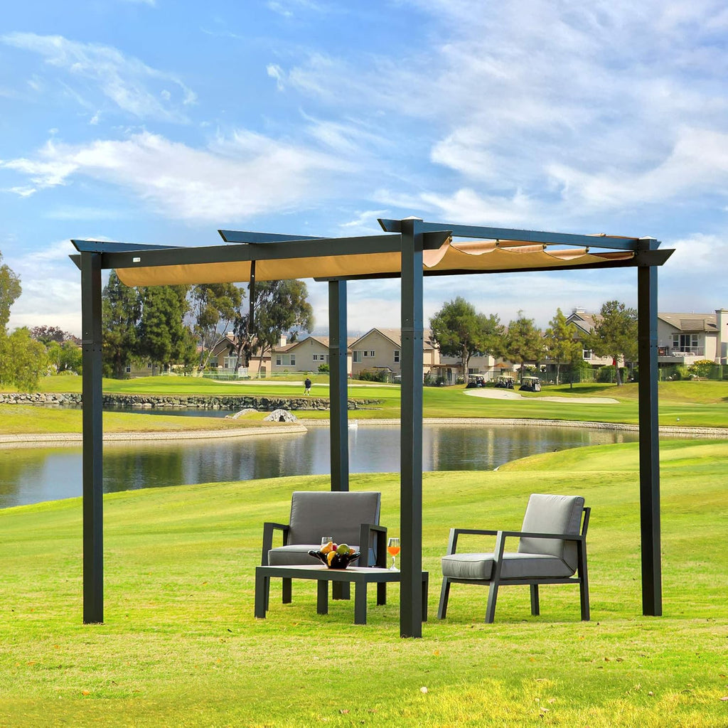 Aluminum Retractable Pergola with Natural Wood Looking Finish B3010