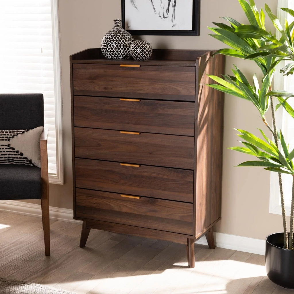Walnut Brown 5-Drawer Wood Chest F43888