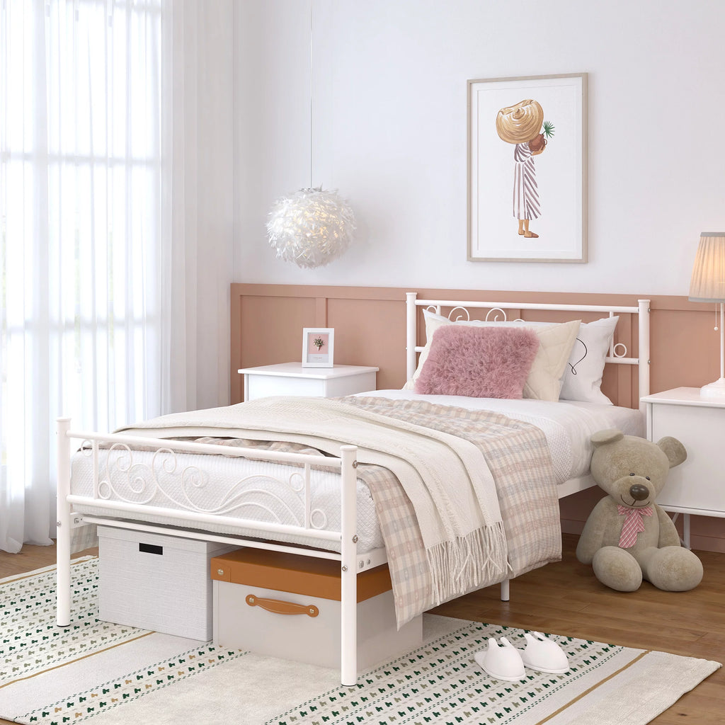 White Metal Twin Size Platform Bed Frame with Wave Headboard Y40340