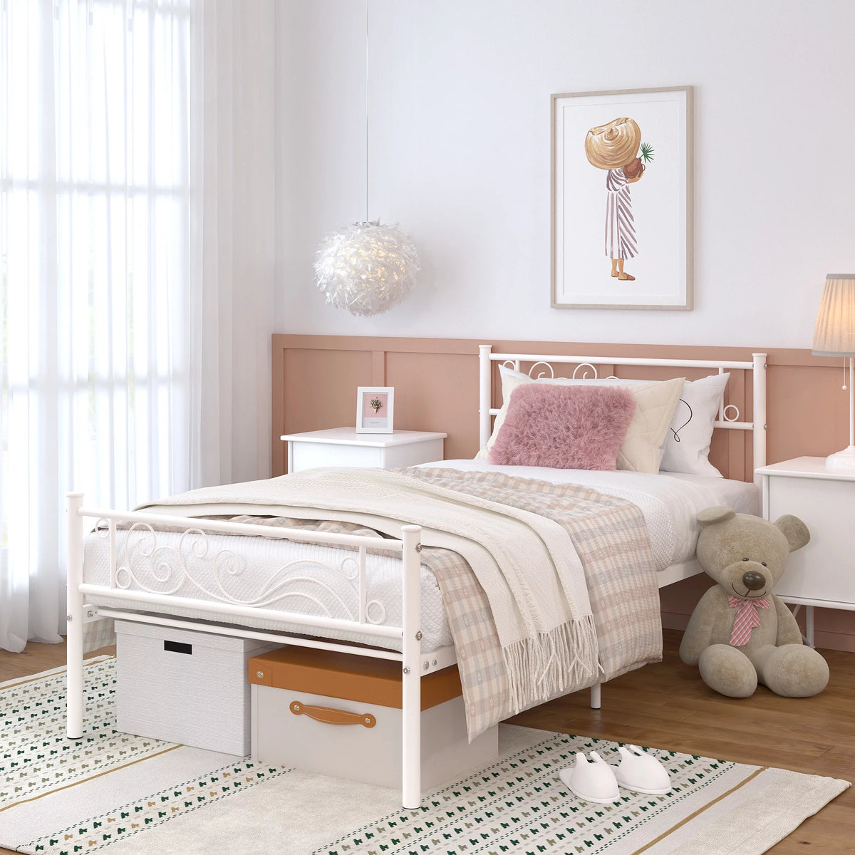 White Metal Twin Size Platform Bed Frame with Wave Headboard Y40340