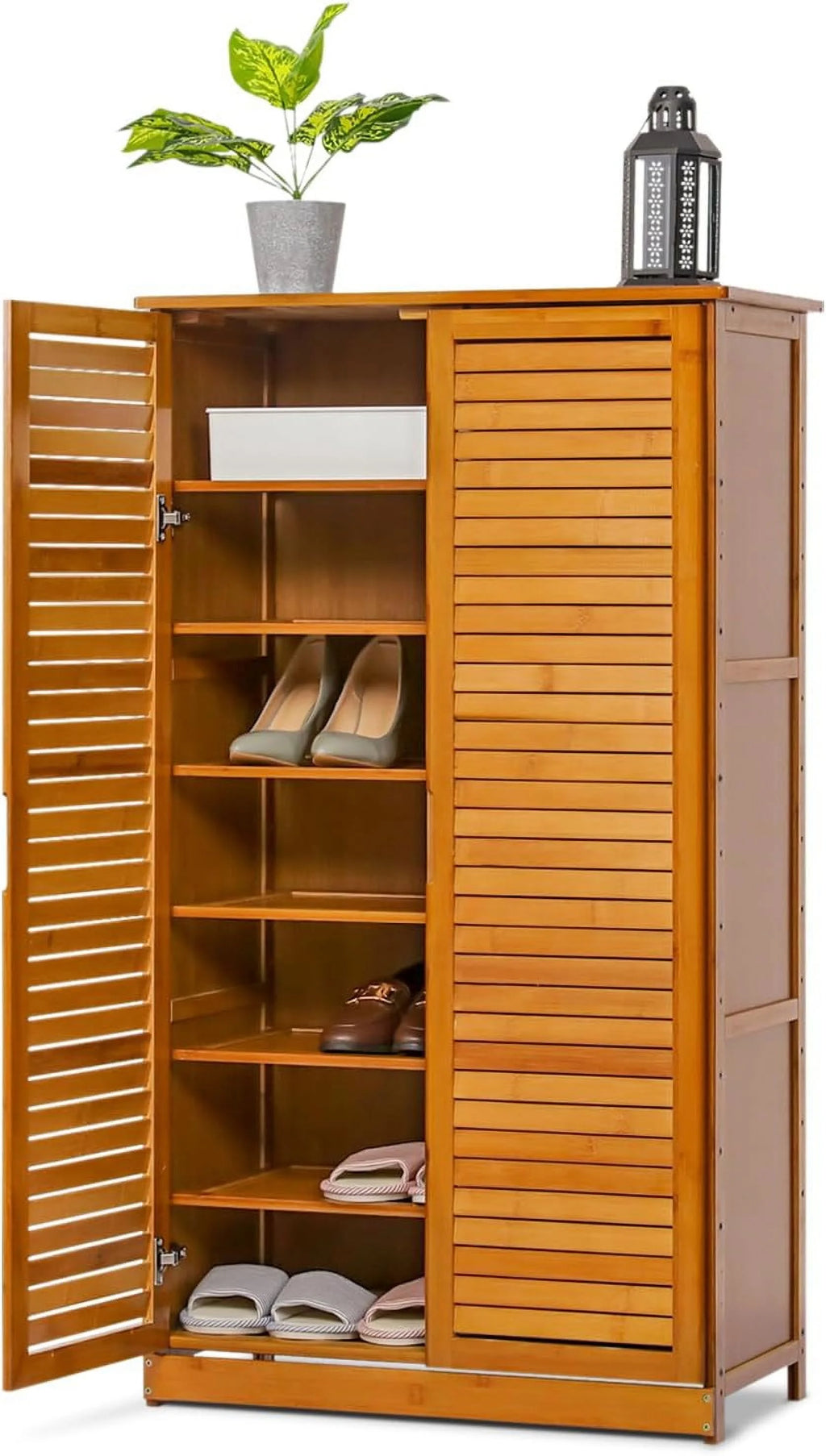 Tall Bamboo Shoe Storage Cabinet with Double Shutter Doors E395