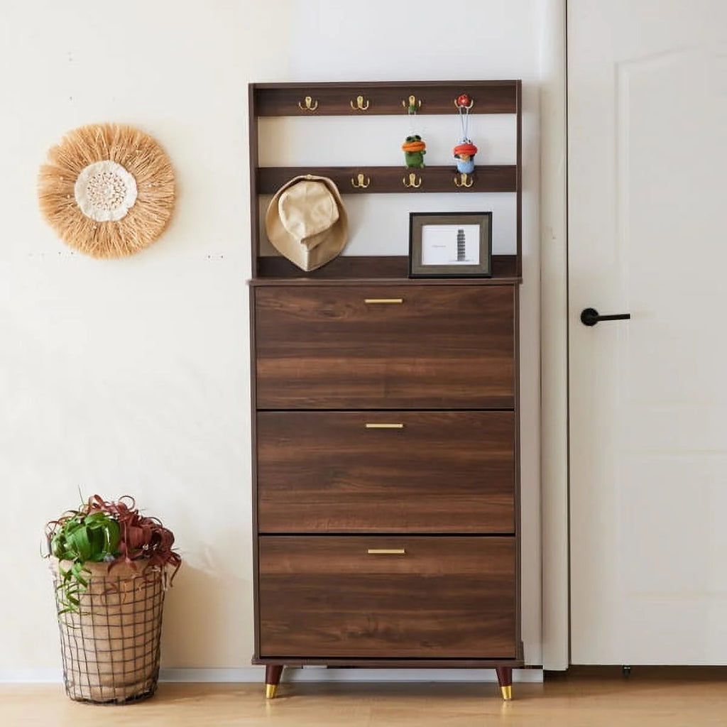 Brown Entryway Armoire Closet with 12 Hooks & 3 Shoe Cabinets U42820